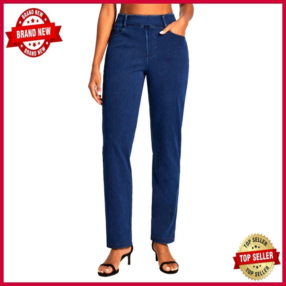 High Waisted Pull On Bootcut Jeans, Straight Leg, Stretch Knit Denim